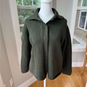 Vintage Talbots Olive Green 100% Merino Wool Polo Collar Cardigan Size Medium